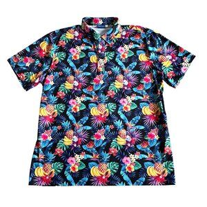 HRESKI Men's Sz XL Tropical Hawaiian Short Sleeve Button-Up Fruit & Floral Print